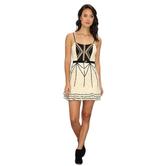 Free People Lace Coquette Mini Dress Size 12 US Ivory Black Sequin  Ruffle Retro - Picture 1 of 16